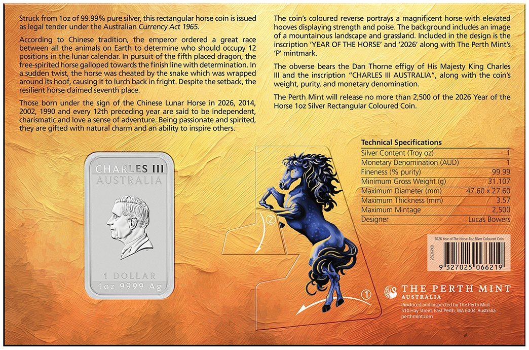 Lunar Jahr des Pferdes 2026 Perth Mint 1 oz Rectangular Silbermünze Farbe Coincard