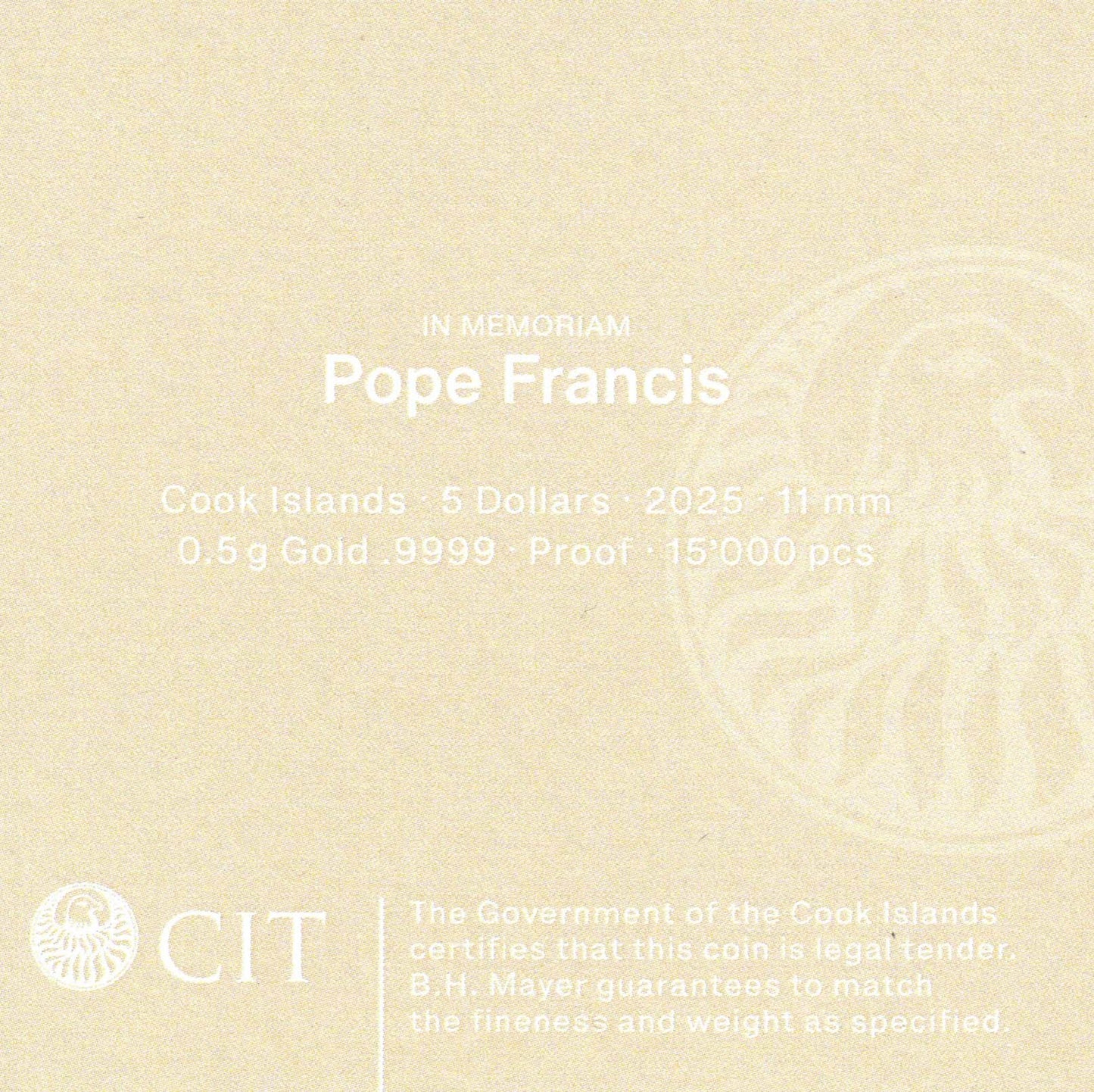 In Memoriam - In Erinnerung - Papst Franziskus 2025 - 0,5 Gramm Goldmünze PP**