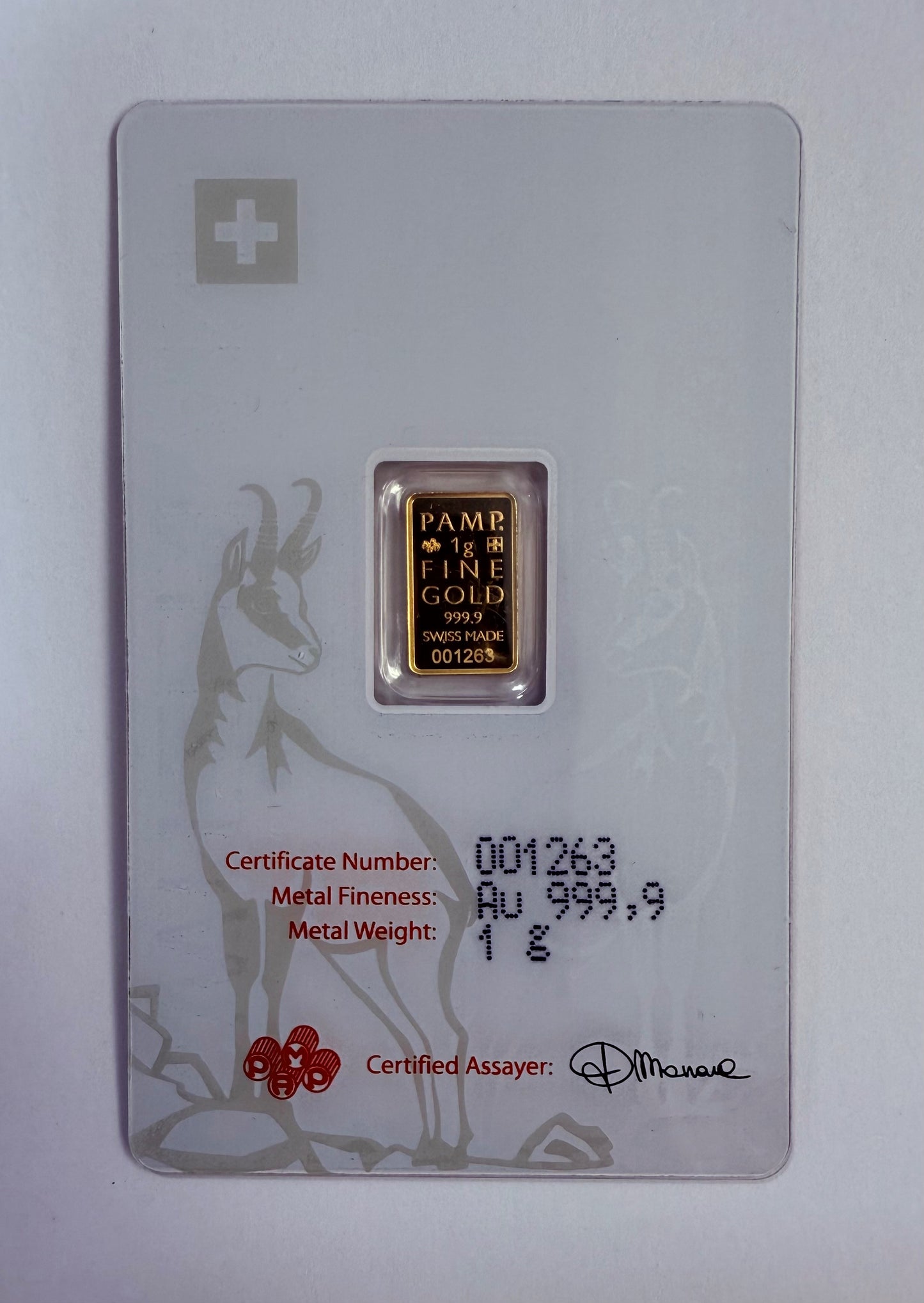 PAMP Suisse 1 Gramm Goldbarren Chamois Gams 9999 Gold im Blister mit Folie**
