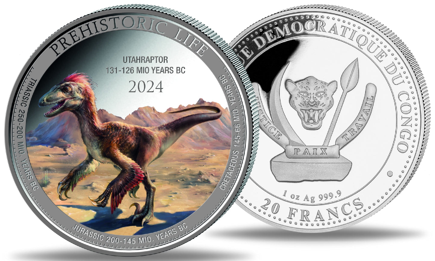 Silbermünze 1 oz Prehistoric Life II Utahraptor 2024 Farbe Color 20 Francs