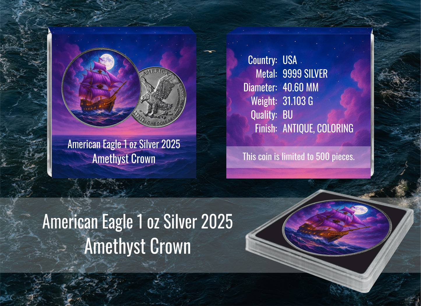 American Eagle - Masters of the Seas - #3. Amethyst Crown - Antik Color 1 oz Silber