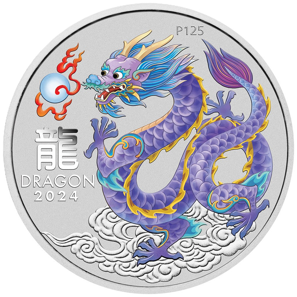 Lunar III Dragon Drache 2024 - 1 oz Silbermünze coloriert Lilac Hell-Lila