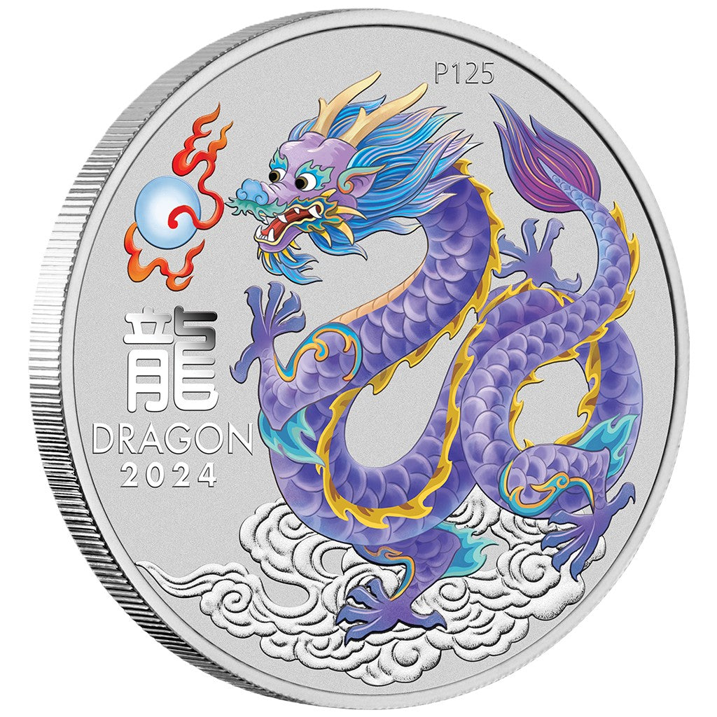 Lunar III Dragon Drache 2024 - 1 oz Silbermünze coloriert Lilac Hell-Lila