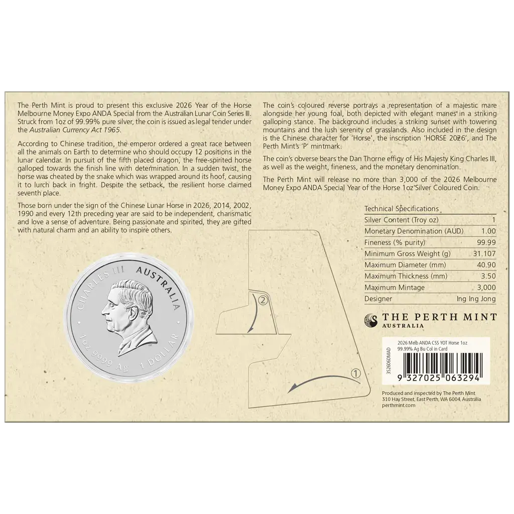 Lunar III Jahr des Pferdes 2026 - Melbourne Coin Show Special - 1 oz Silbermünze Farbe