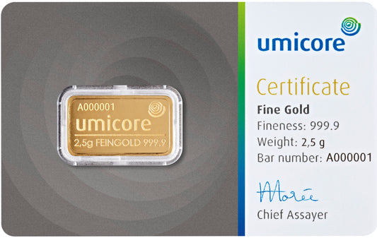 Goldbarren 2,5 Gramm Umicore Goldbarren 999.9 Gold**