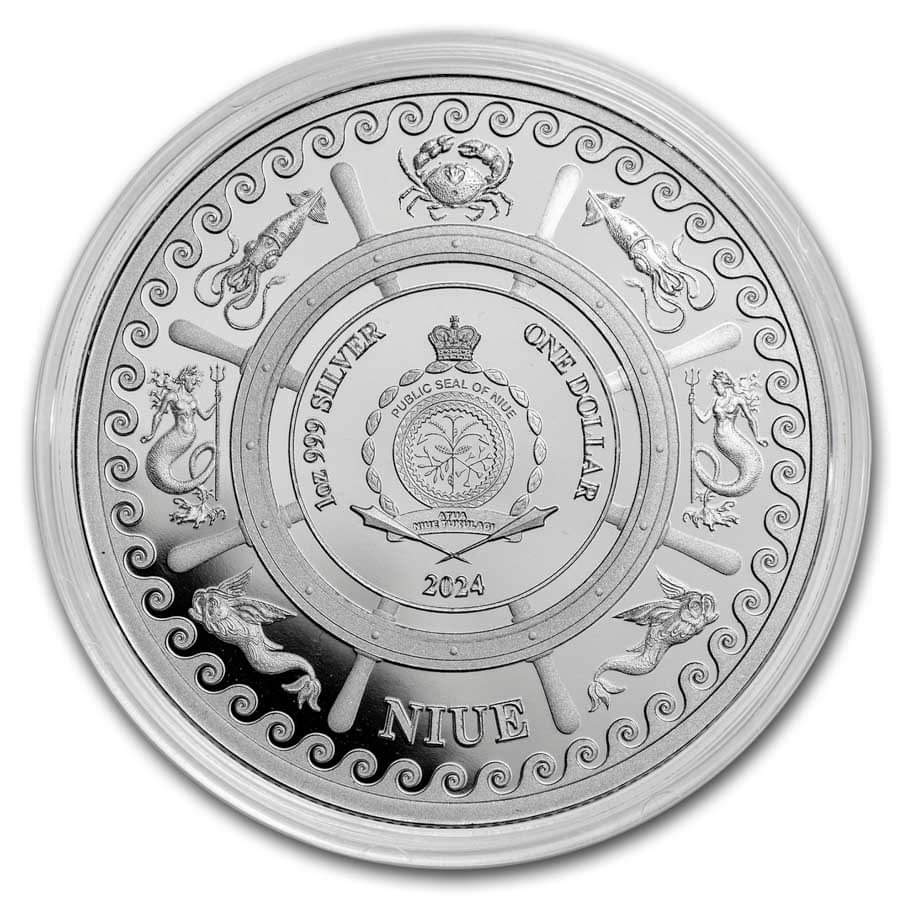 2024 1oz Niue $1 Mythical Creatures Sea Serpent Silbermünze BU*