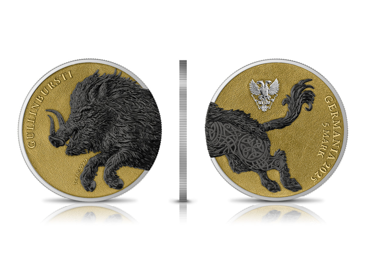 Germania Mint - Germania Beasts - Gullinbursti GEMINUS 2025 - 2 x 1 oz Silbermünze Ruthenium Gilded***