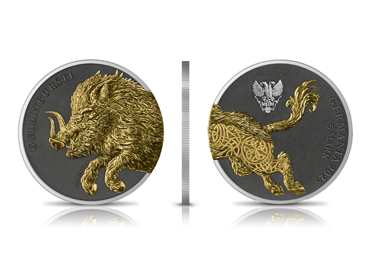Germania Mint - Germania Beasts - Gullinbursti GEMINUS 2025 - 2 x 1 oz Silbermünze Ruthenium Gilded***