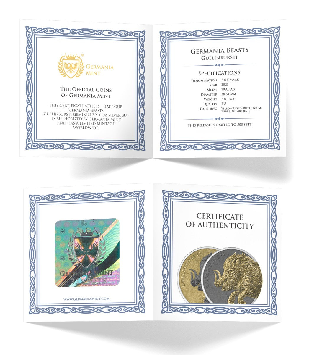 Germania Mint - Germania Beasts - Gullinbursti GEMINUS 2025 - 2 x 1 oz Silbermünze Ruthenium Gilded***