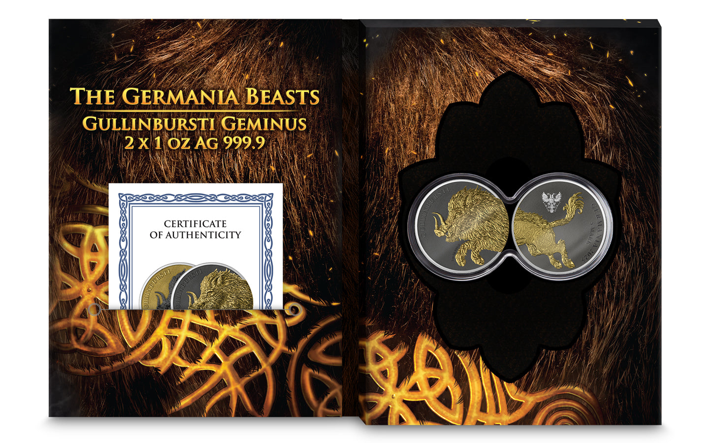 Germania Mint - Germania Beasts - Gullinbursti GEMINUS 2025 - 2 x 1 oz Silbermünze Ruthenium Gilded***