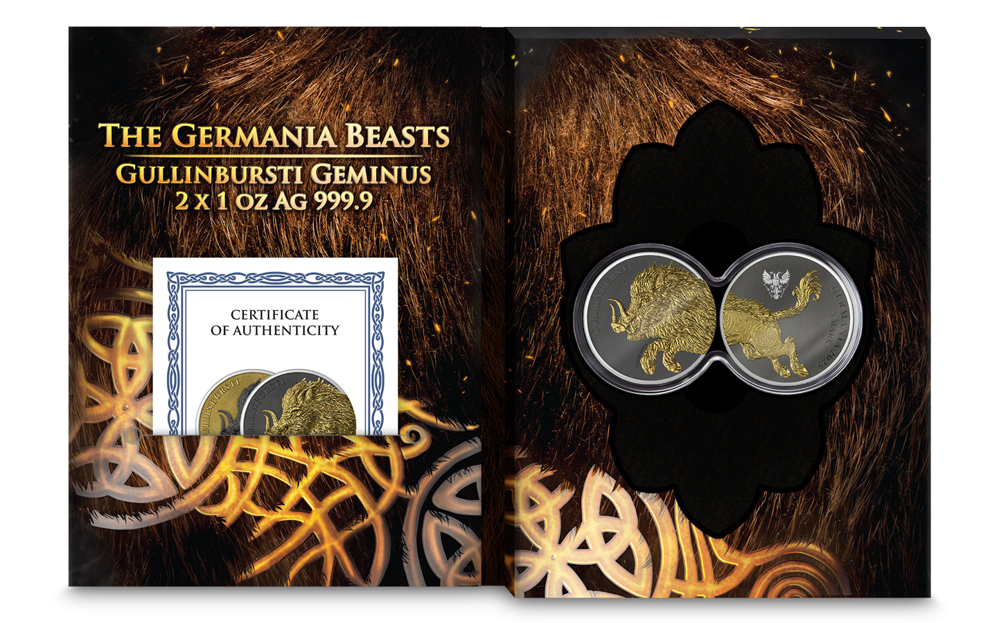 Germania Mint - Germania Beasts - Gullinbursti GEMINUS 2025 - 2 x 1 oz Silbermünze Ruthenium Gilded***