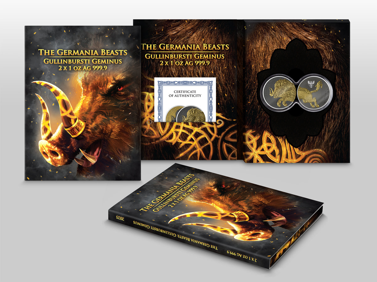 Germania Mint - Germania Beasts - Gullinbursti GEMINUS 2025 - 2 x 1 oz Silbermünze Ruthenium Gilded***
