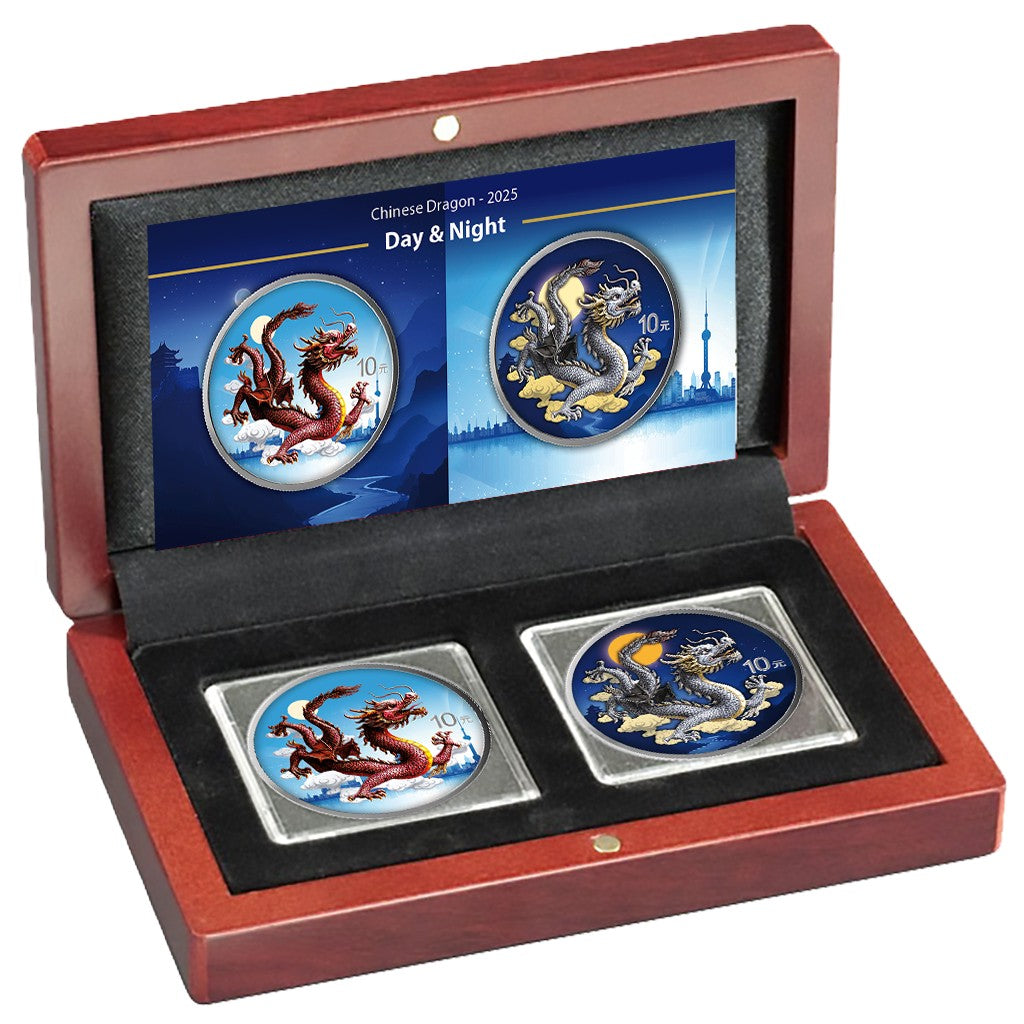 China Chinese Dragon 2025 - 2 x 1 oz Silbermünze - Night and Day - Nacht und Tag Set - 2 x 10 Yuan