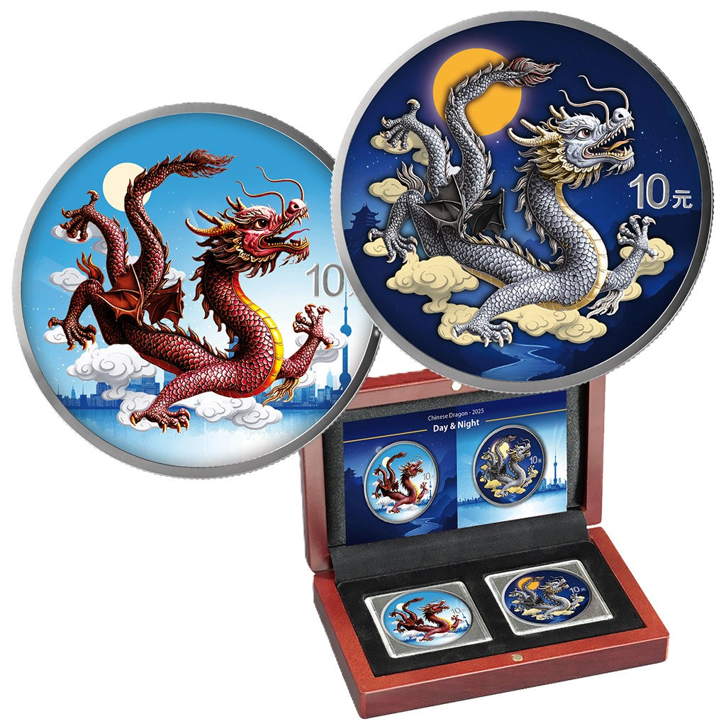 China Chinese Dragon 2025 - 2 x 1 oz Silbermünze - Night and Day - Nacht und Tag Set - 2 x 10 Yuan