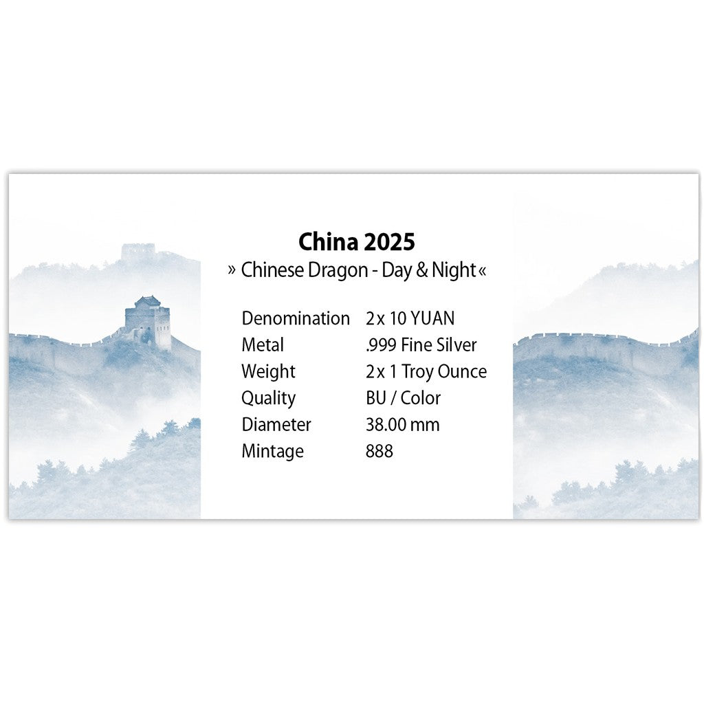 China Chinese Dragon 2025 - 2 x 1 oz Silbermünze - Night and Day - Nacht und Tag Set - 2 x 10 Yuan