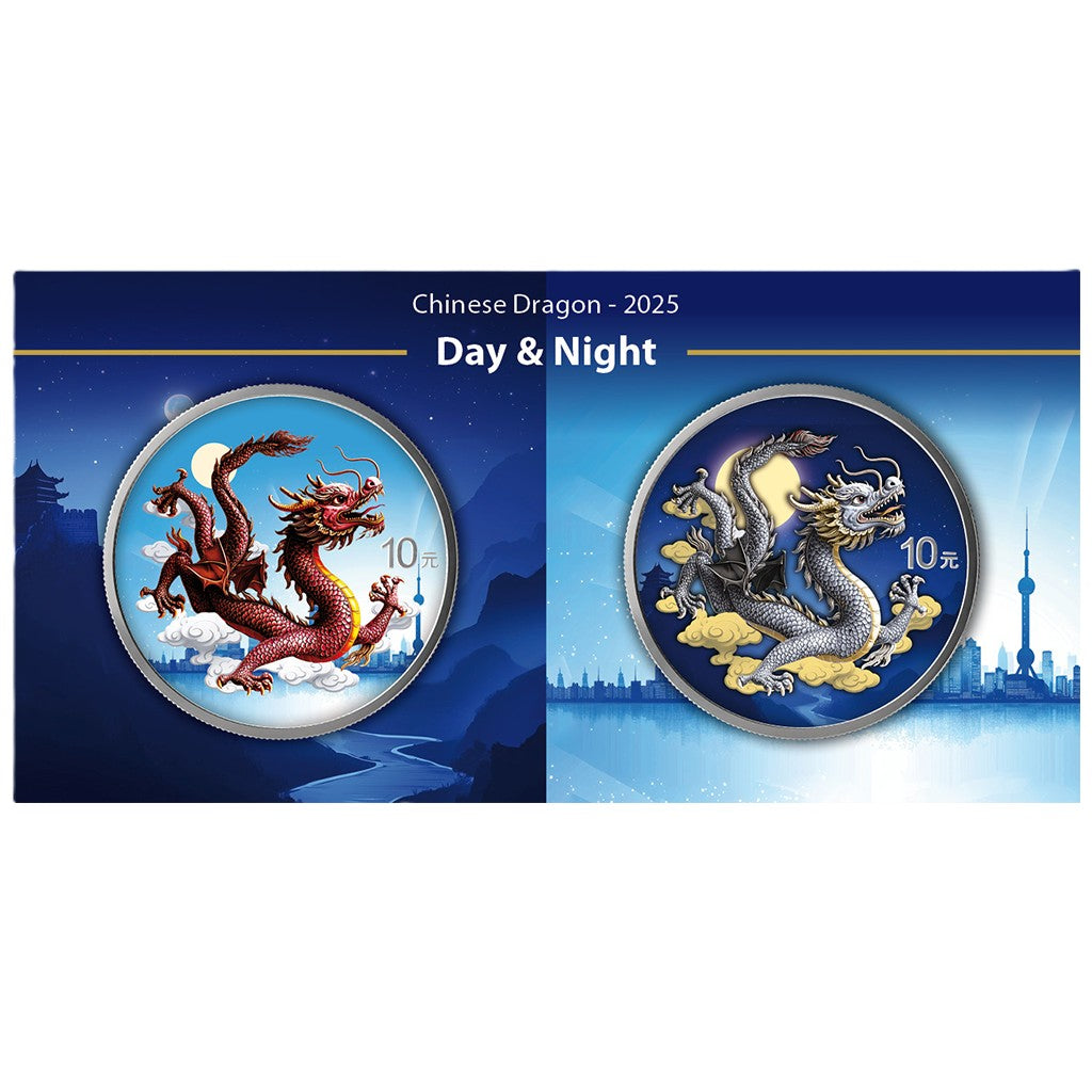 China Chinese Dragon 2025 - 2 x 1 oz Silbermünze - Night and Day - Nacht und Tag Set - 2 x 10 Yuan