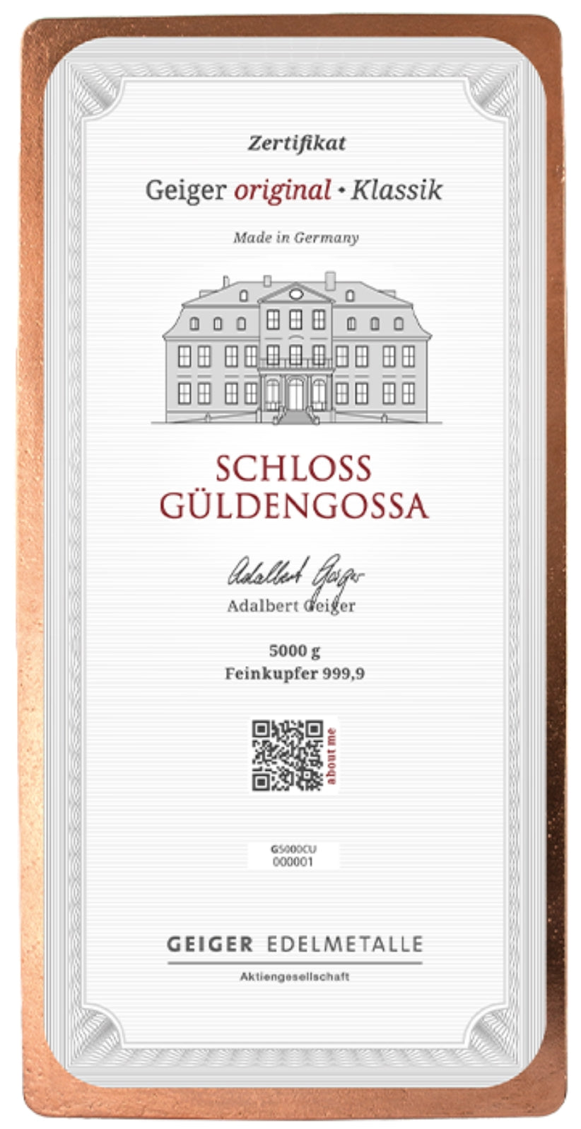 Kupferbarren Geiger original - 5 kg Kilo - gegossen rechteckig