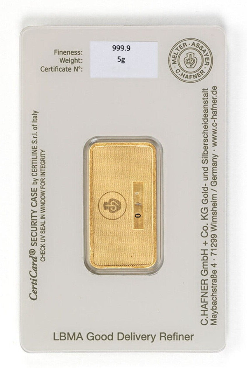 Goldbarren 5 Gramm C. Hafner Gold Feingold 999.9 im Blister mit Zertifikat**