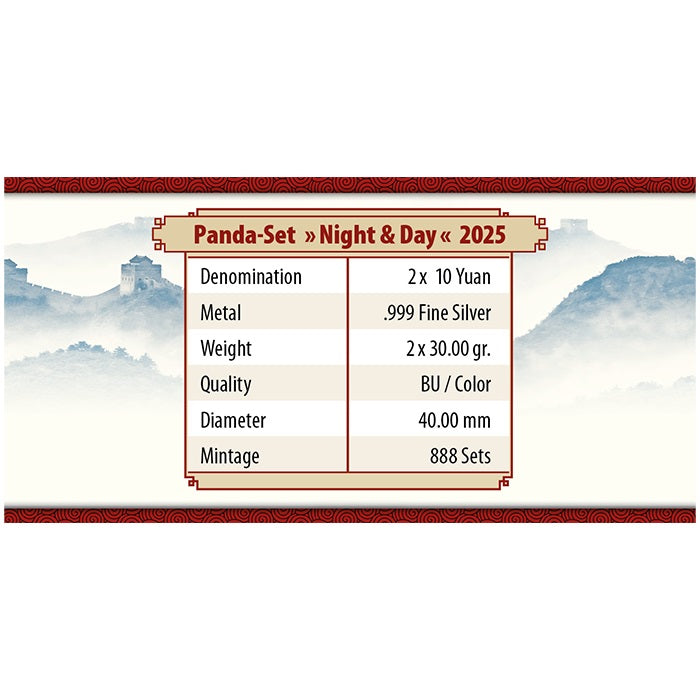 China Panda 2025 - 2 x 30 Gramm - Night and Day - Nacht und Tag Set - Silbermünze - 10 Youan