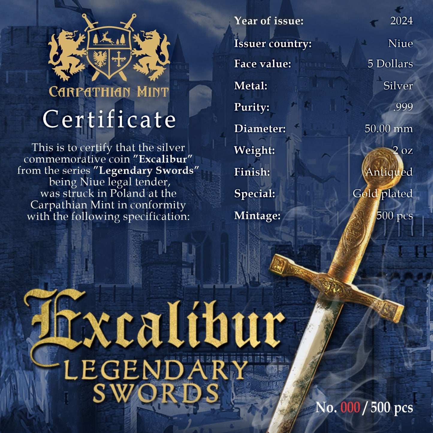 Niue Legendary Swords - Excalibur 2024 - Antik Finish - Gold Plated - 2 oz Silber***