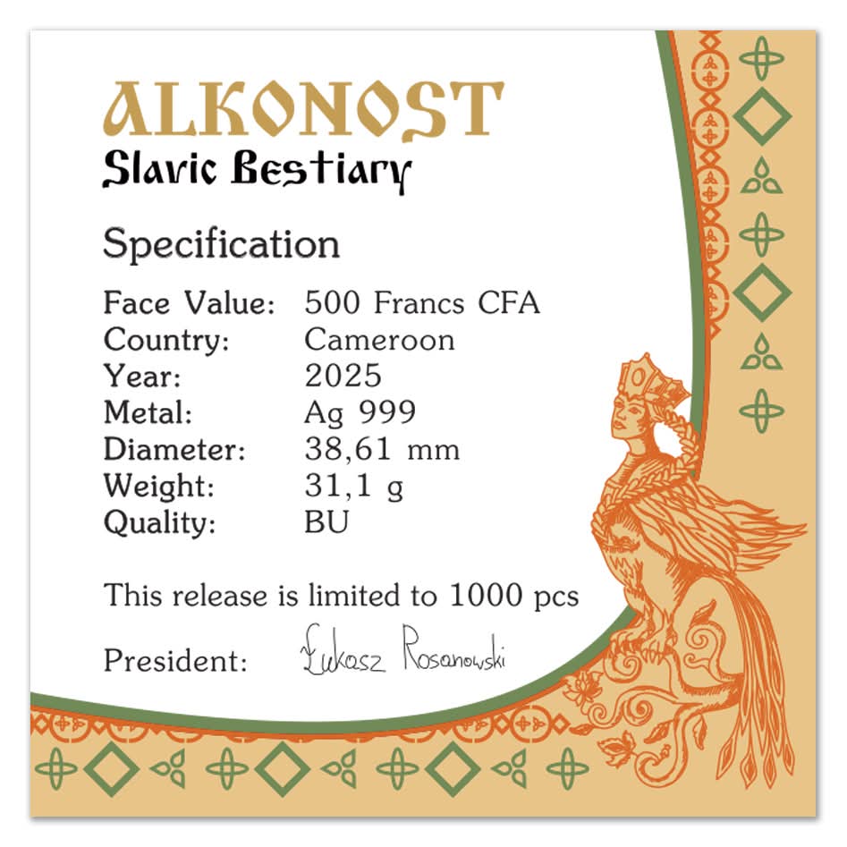 Slavik Bestiary - Alkonost #3. - 1 oz Silbermünze 2025 BU
