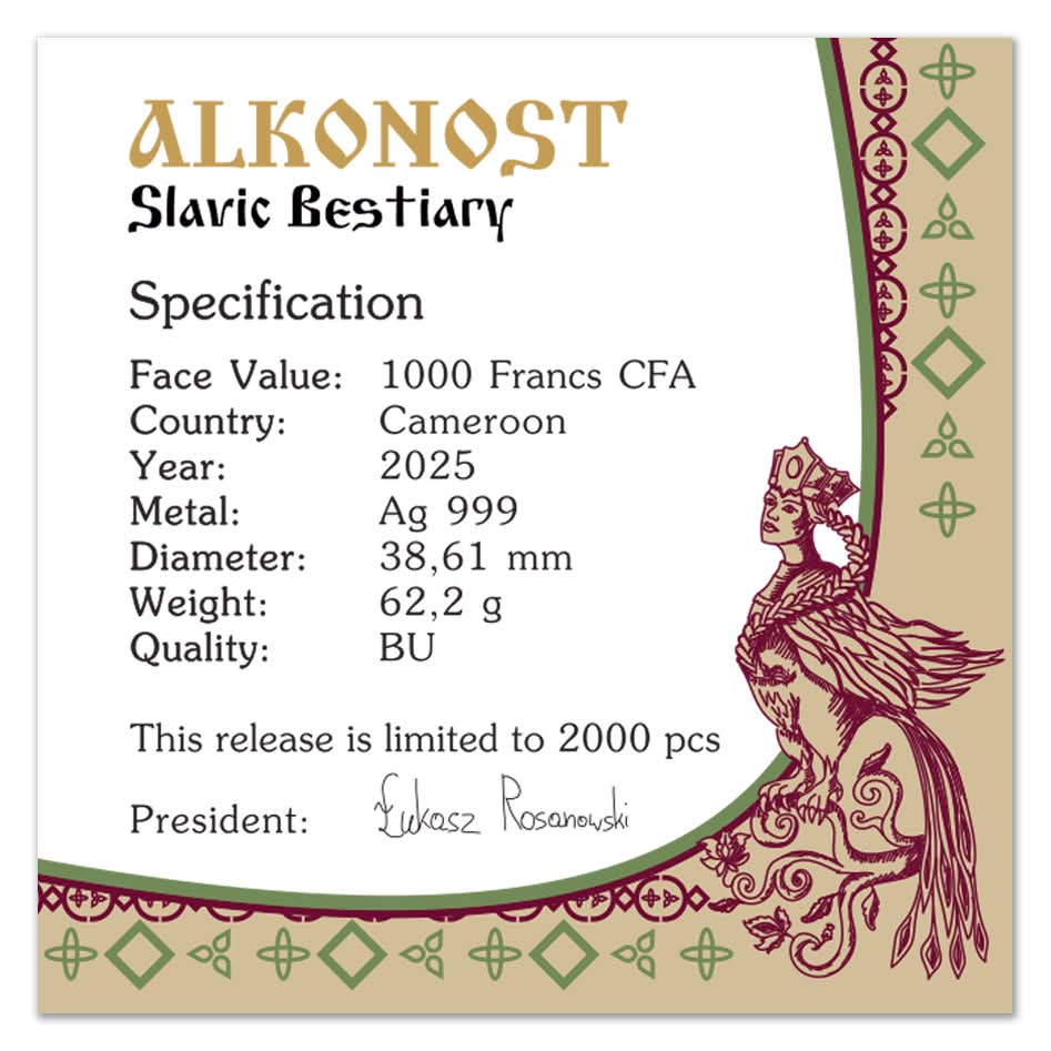 Slavik Bestiary - Alkonost #3. - 2 oz Silbermünze 2025 BU