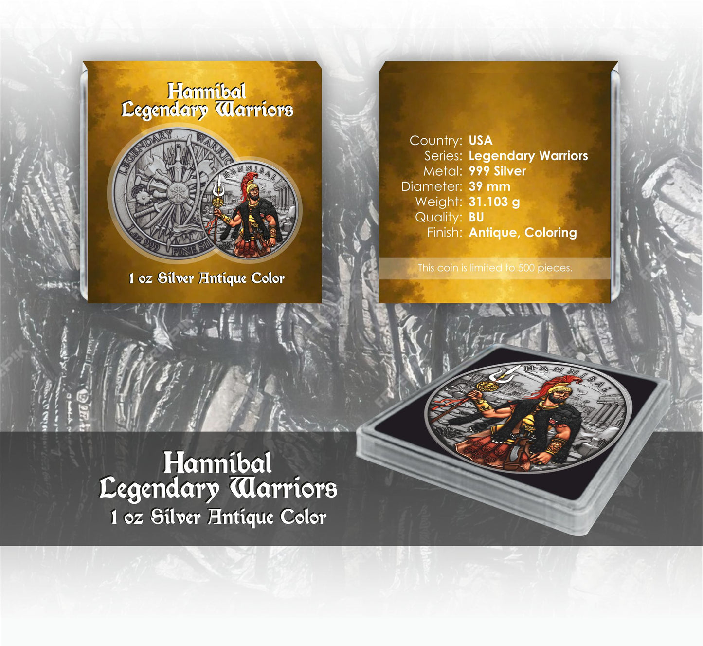 USA - Legendary Warriors - Hannibal (9) -1 oz Silber Antik Finish Color
