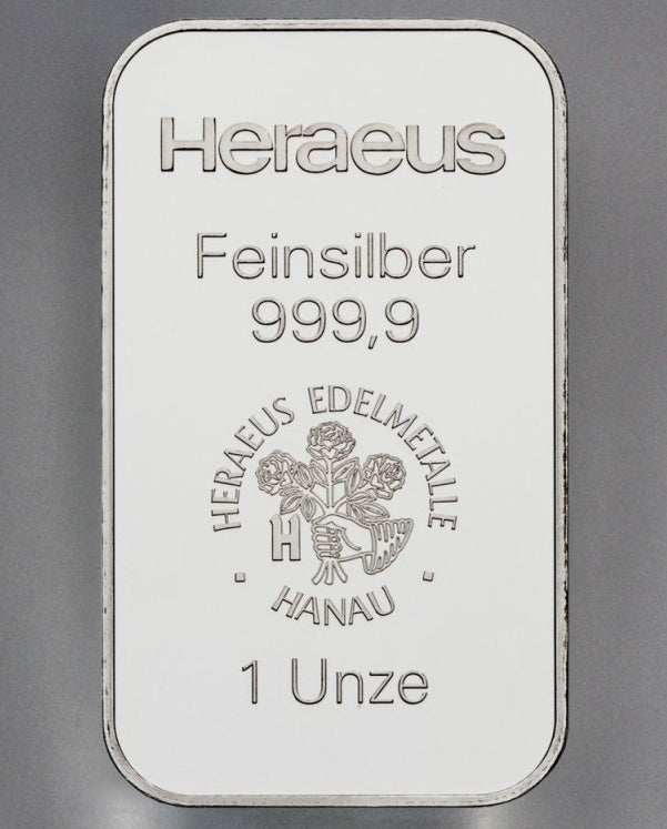 Silberbarren 1 oz Heraeus Silber Barren 999.9 im original Blister