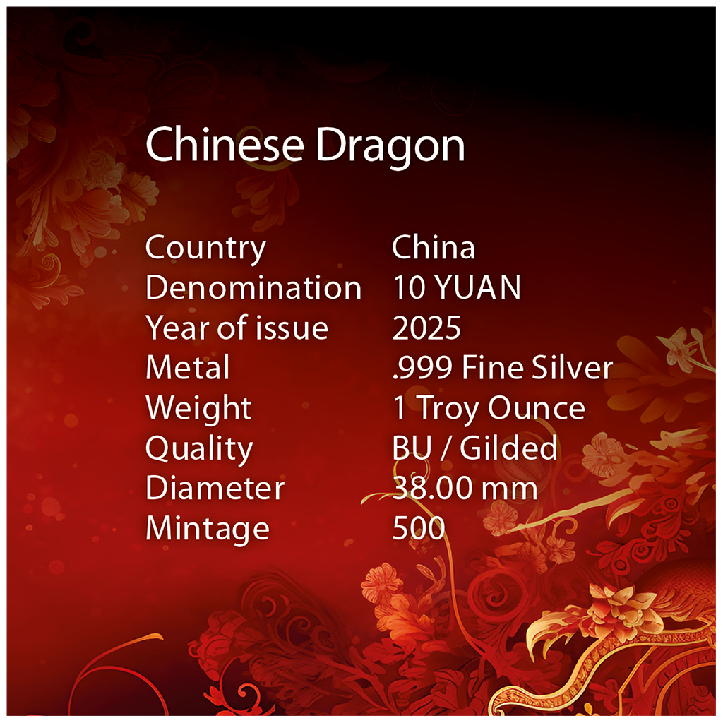 China Chinese Dragon 2025 - 1 oz Silbermünze BU teilvergoldet gilded***