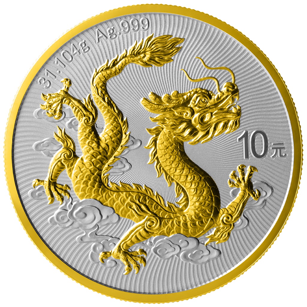 China Chinese Dragon 2025 - 1 oz Silbermünze BU teilvergoldet gilded***