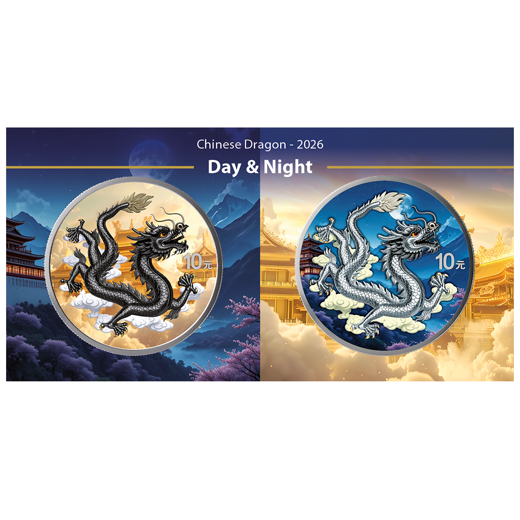 China Chinese Dragon 2026 - 2 x 1 oz Silbermünze - Night and Day - Nacht und Tag Set - 2 x 10 Yuan Farbe color