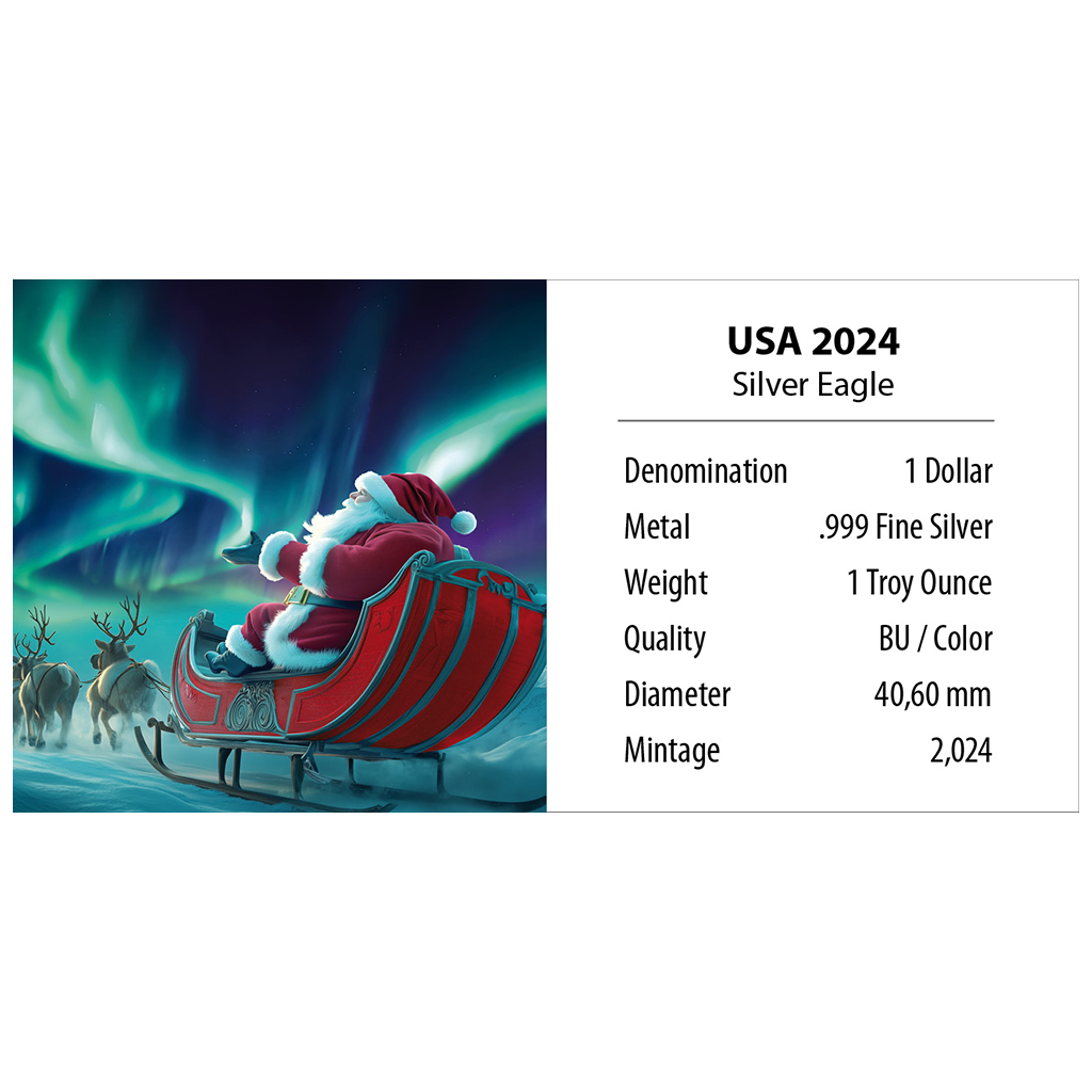 American Silver Eagle - Weihnachten - Polarlichter - Xmas - Polar Lights - 1 oz Silbermünze 2024