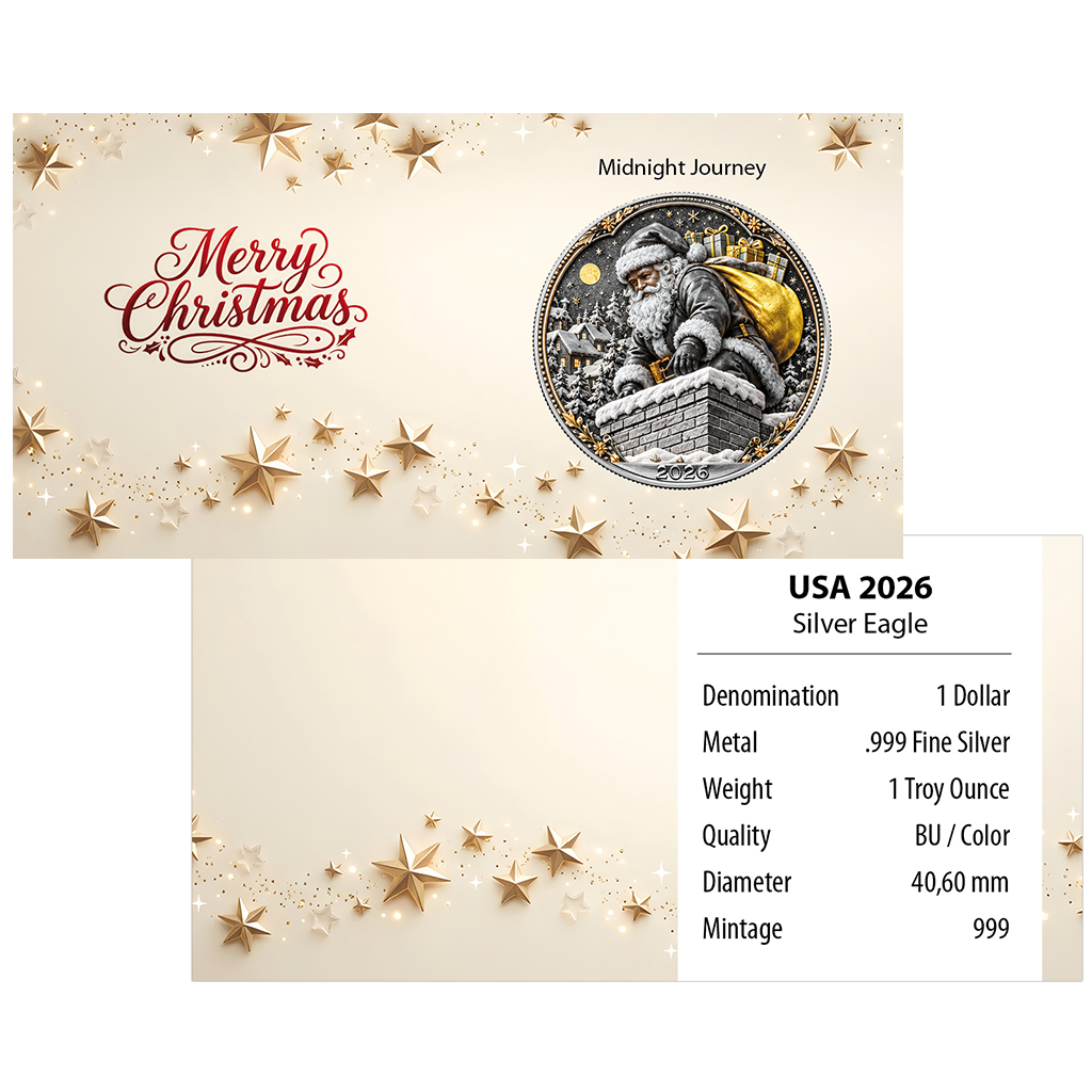 American Silver Eagle 2026 - Weihnachten - Santa's Midnight Journey - 1 oz Silbermünze - Farbe - Color