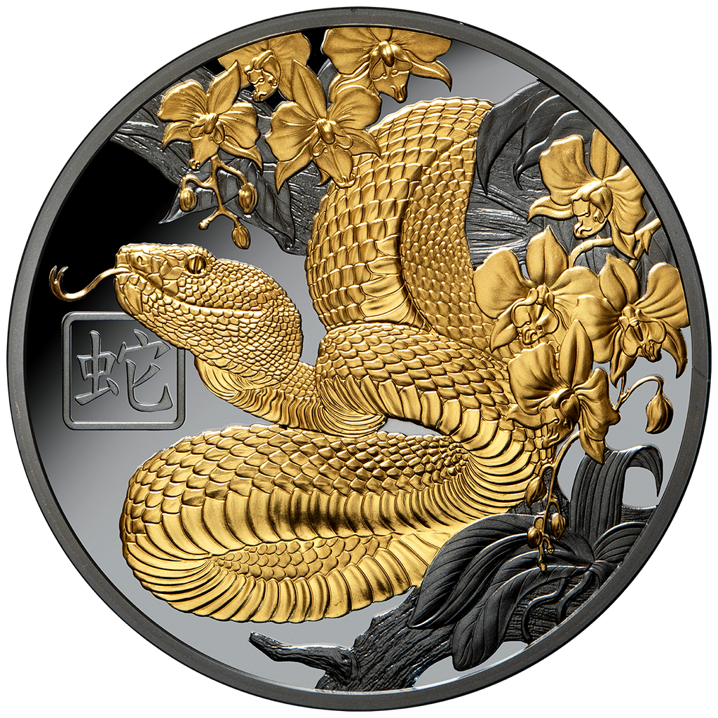 Niue - Lunar - Jahr der Schlange - 2025 - 1 oz Silbermünze Teilvergoldet Black Proof*