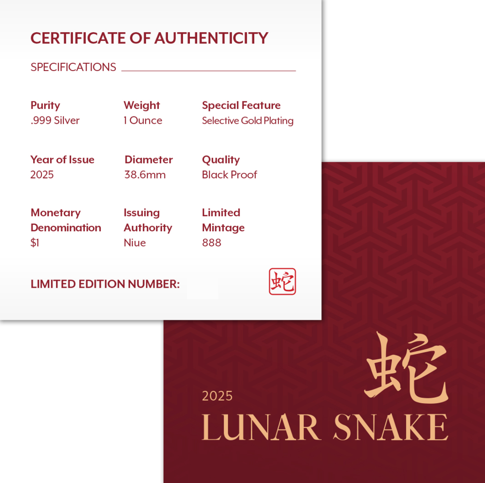 Niue - Lunar - Jahr der Schlange - 2025 - 1 oz Silbermünze Teilvergoldet Black Proof*