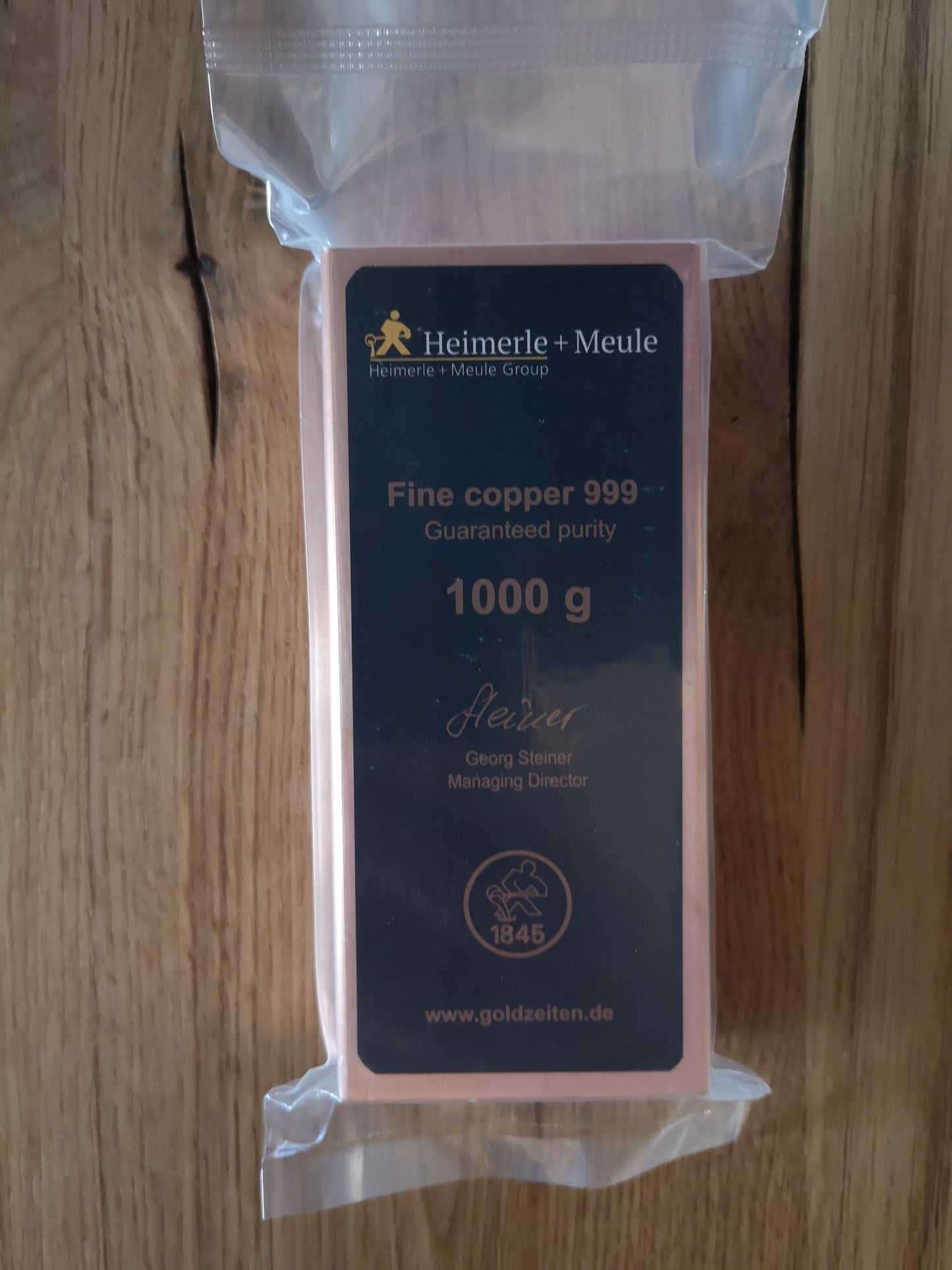Heimerle+Meule 999 Kupferbarren 1 Kg 1000 Gramm Feinkupfer mit Zertifikat Copper