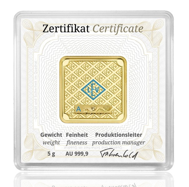 Goldbarren 5 Gramm Geiger Schloss Güldengossa 999.9 Gold quadratisch mit Zertifikat in Kapsel**