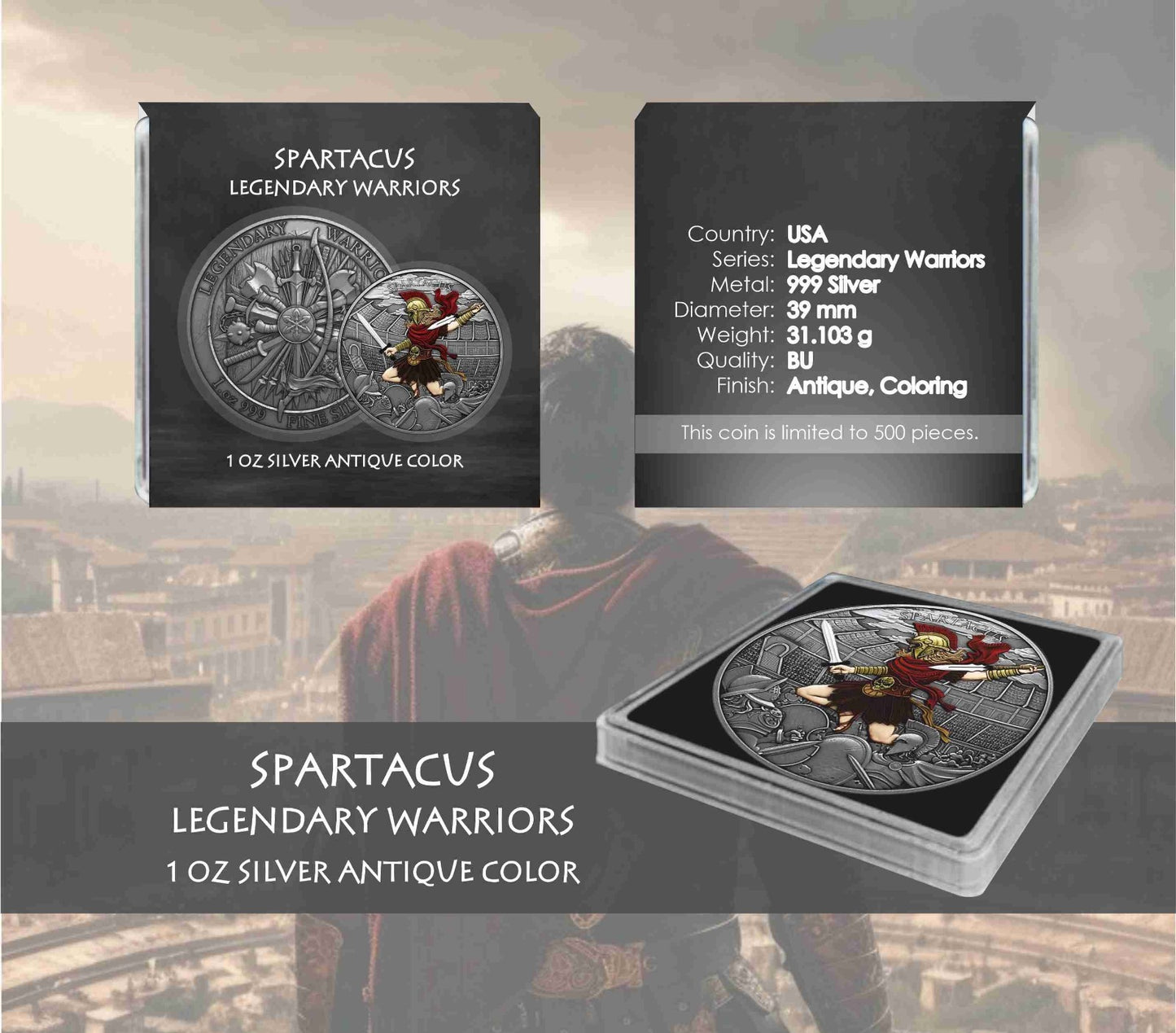 USA - Legendary Warriors -  Spartacus #8 -1 oz Silber Antik Finish Color