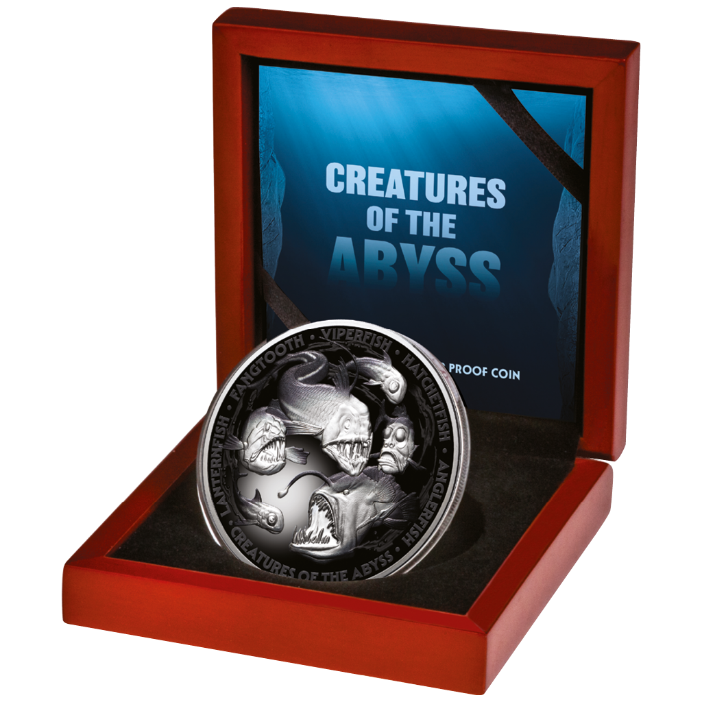 Niue 5oz Creatures of the Abyss 2024 Proof Farbe in Holzetui