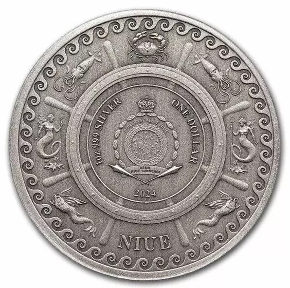 2024 1oz Niue $1 Mythical Creatures Sea Serpent Silbermünze Antik*