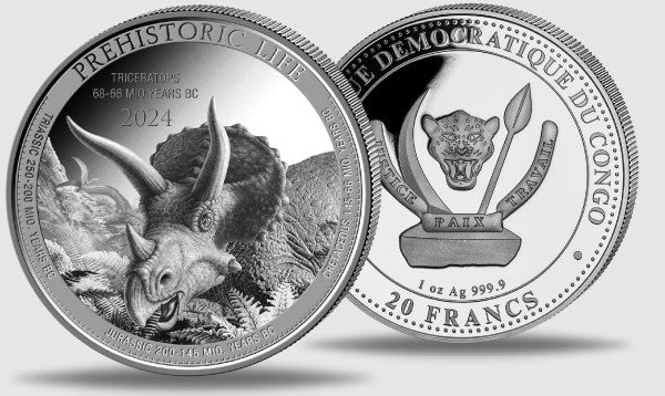 Silbermünze 1 oz Prehistoric Life II Triceratops 2024 20 Francs