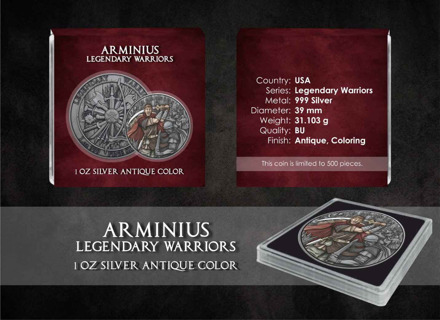 USA - Legendary Warriors - Arminius - 1 oz Silbermedaille Antik Farbe