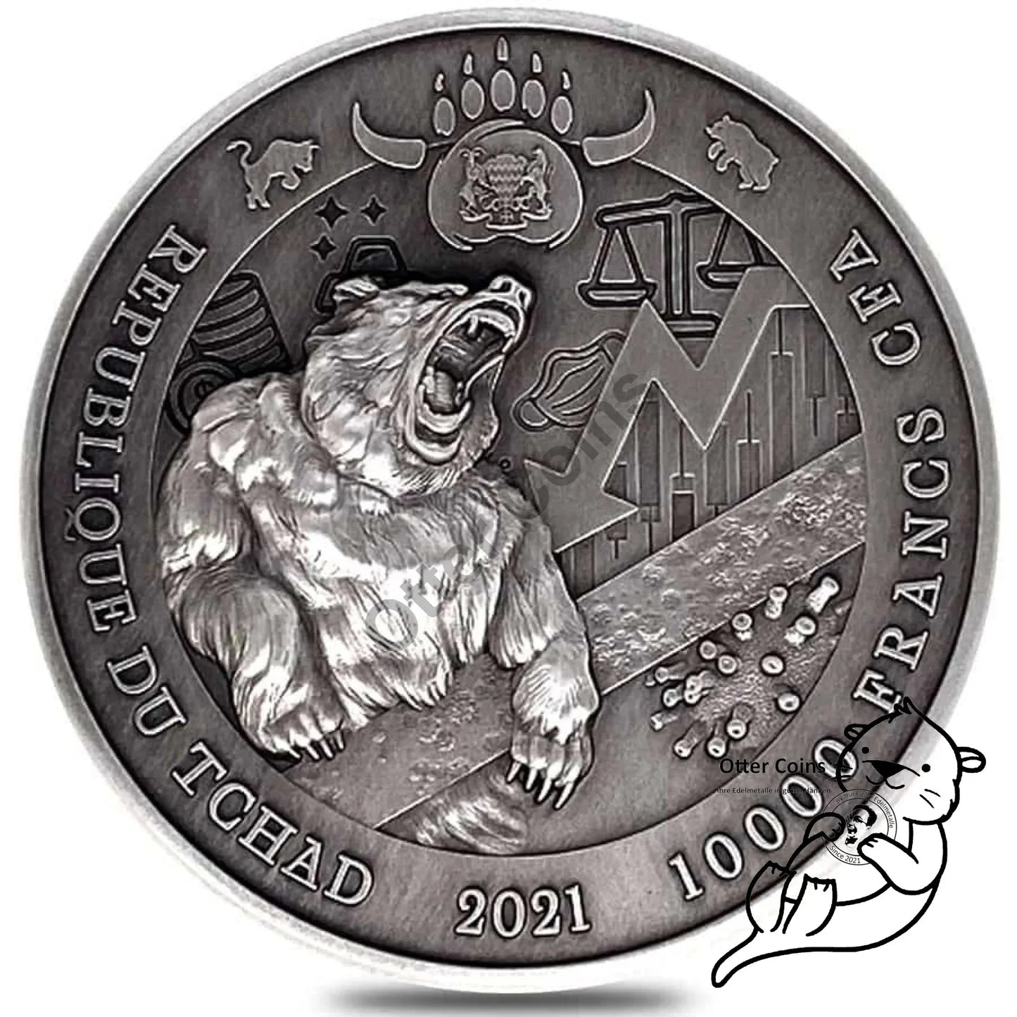 Chad 2 oz Silber Bull vs. Bear Antik High Relief Coin 2021