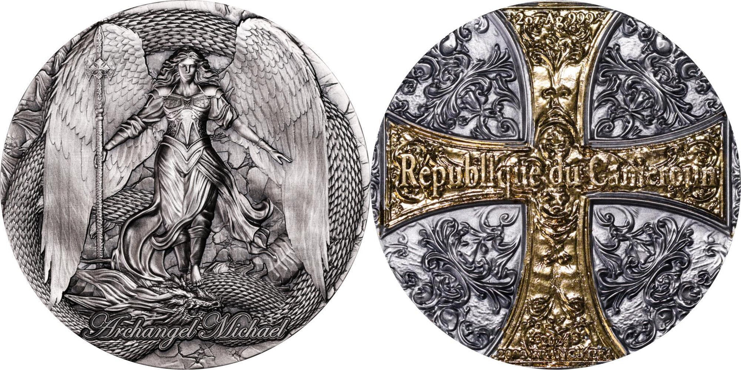 Cameroon Archangel Michael 2024, HR, Antik, Color 2oz Silbermünze*