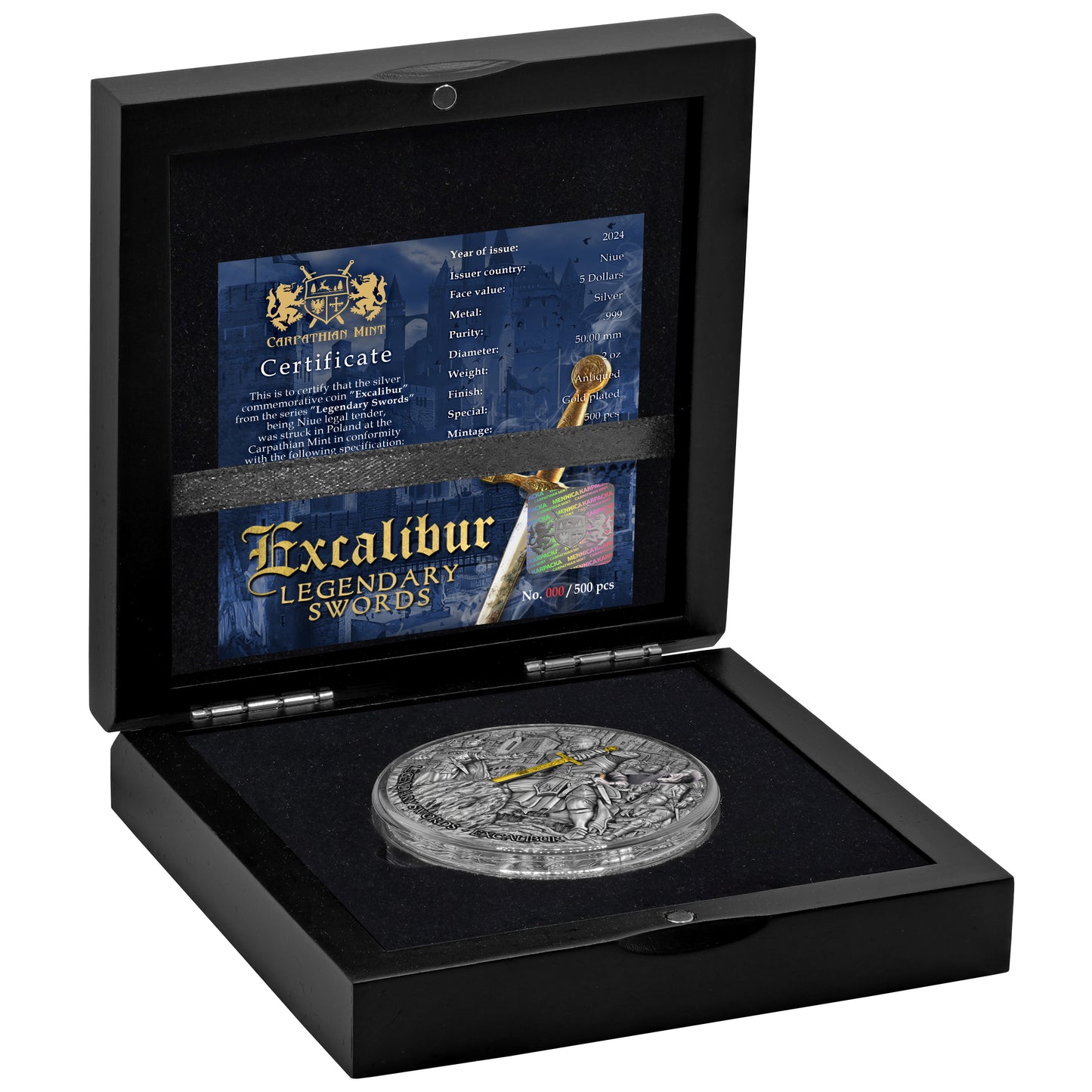 Niue Legendary Swords - Excalibur 2024 - Antik Finish - Gold Plated - 2 oz Silber***