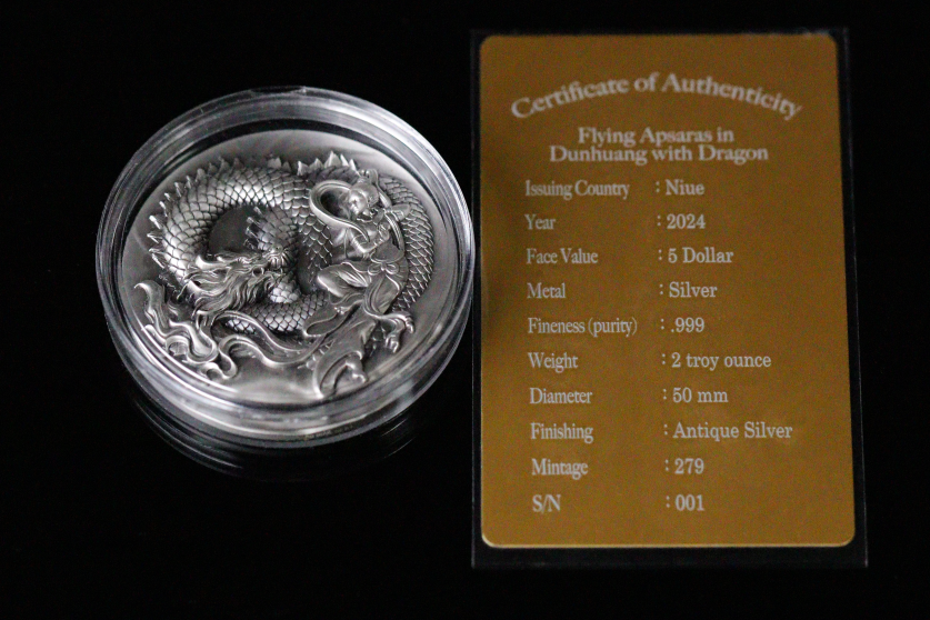 Flying Apsaras at Mogao Caves with Dragon 2oz Silbermünze*