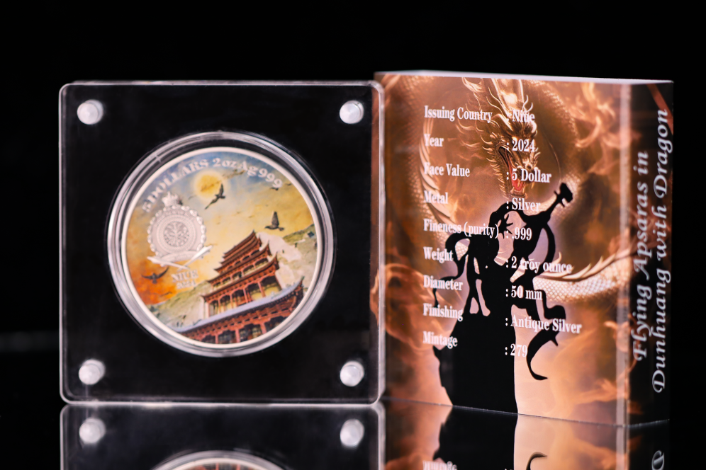 Flying Apsaras at Mogao Caves with Dragon 2oz Silbermünze*