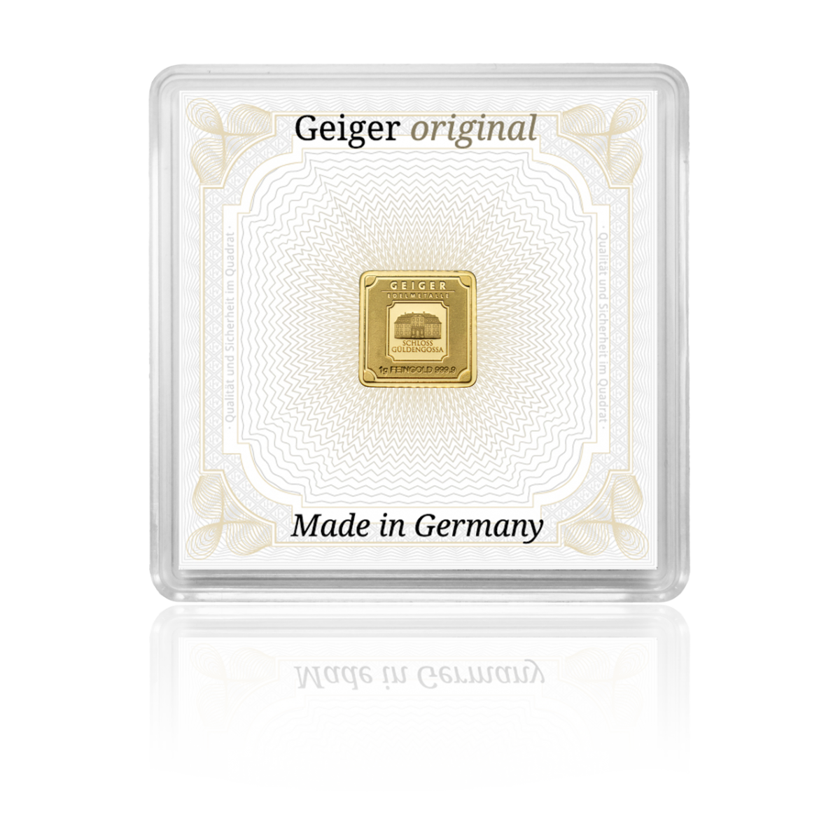 Goldbarren 1 Gramm Geiger Schloss Güldengossa 999.9 Gold quadratisch mit Zertifikat in Kapsel**