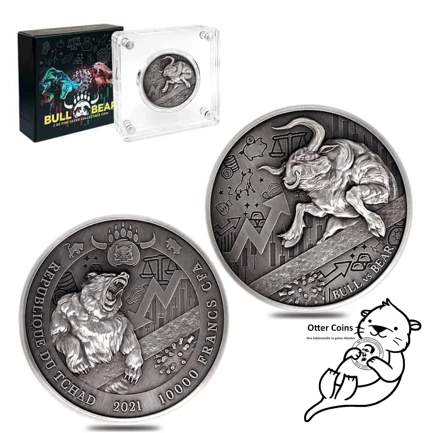 Chad 2 oz Silber Bull vs. Bear Antik High Relief Coin 2021