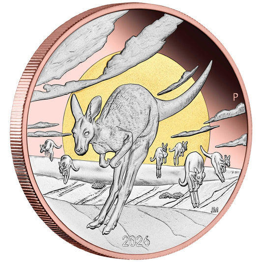 Wonders of Australia - The Outback Kangaroo 2026 - 5 oz Silbermünze Gelbgold & Roségold PP